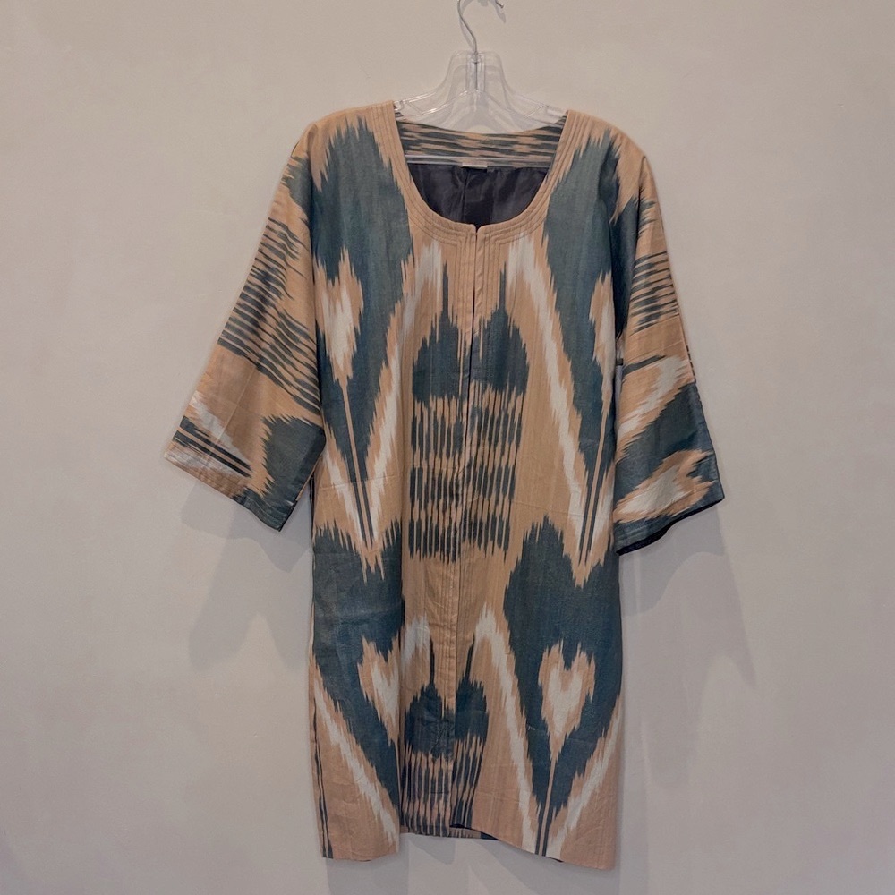 Handmade Uzbek Chapan Size 48.US M/L Kimono Jacket – Orange & Bluish-Gray NWOT